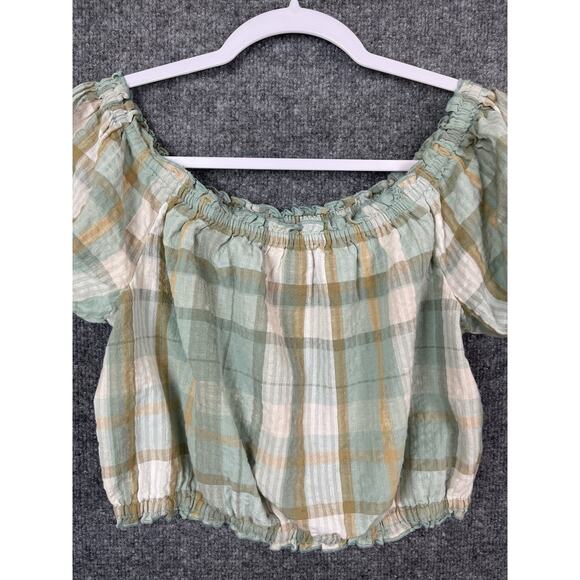 American Eagle Green Plaid Cotton Off Shoulder Puff Sleeve Crop Top Size S/P/CH - Picture 3 of 13